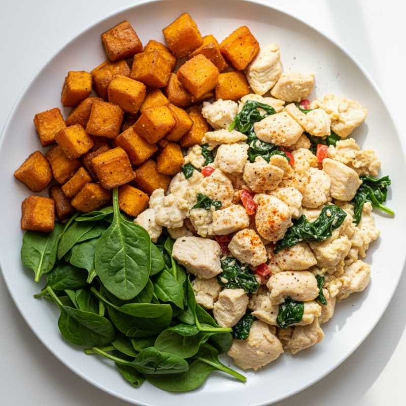 Chicken Egg White Scramble with Roasted Sweet Potatoes