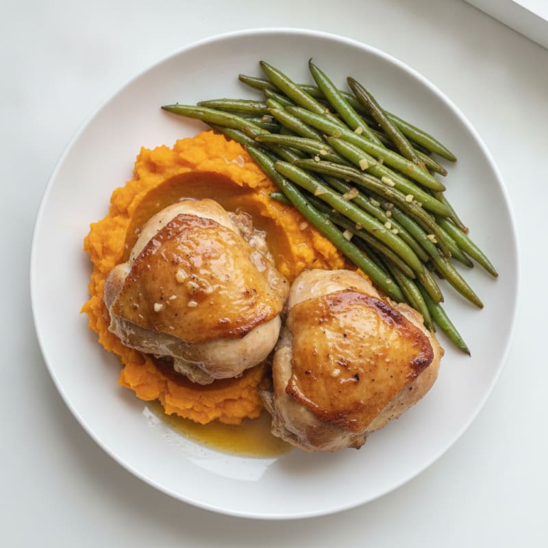 Roasted Turkey Thighs with Garlic Green Beans and Sweet Potato Mash