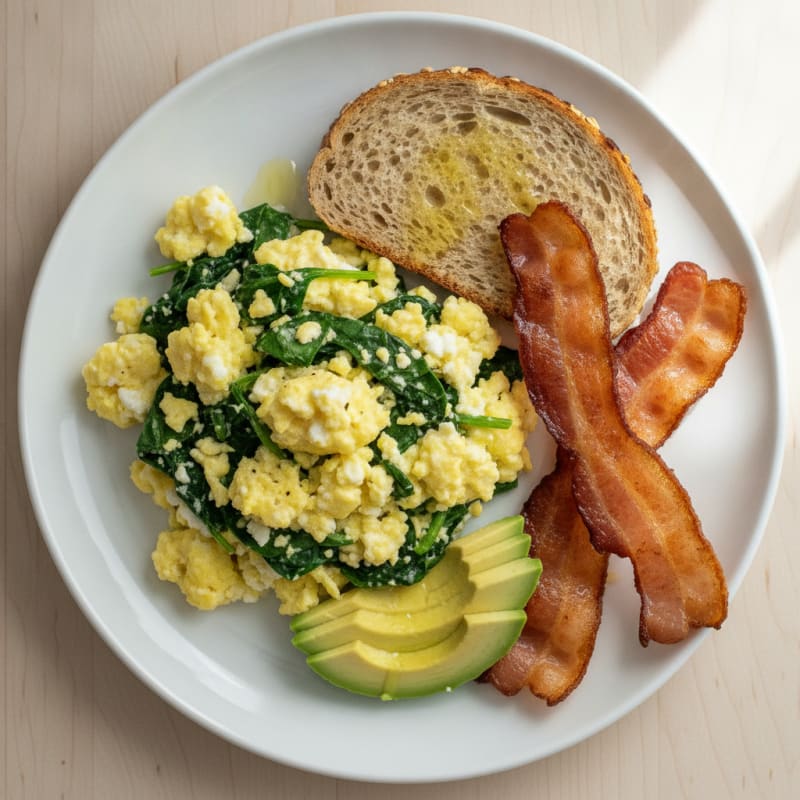 Cottage Cheese Scramble with Spinach and Turkey Bacon