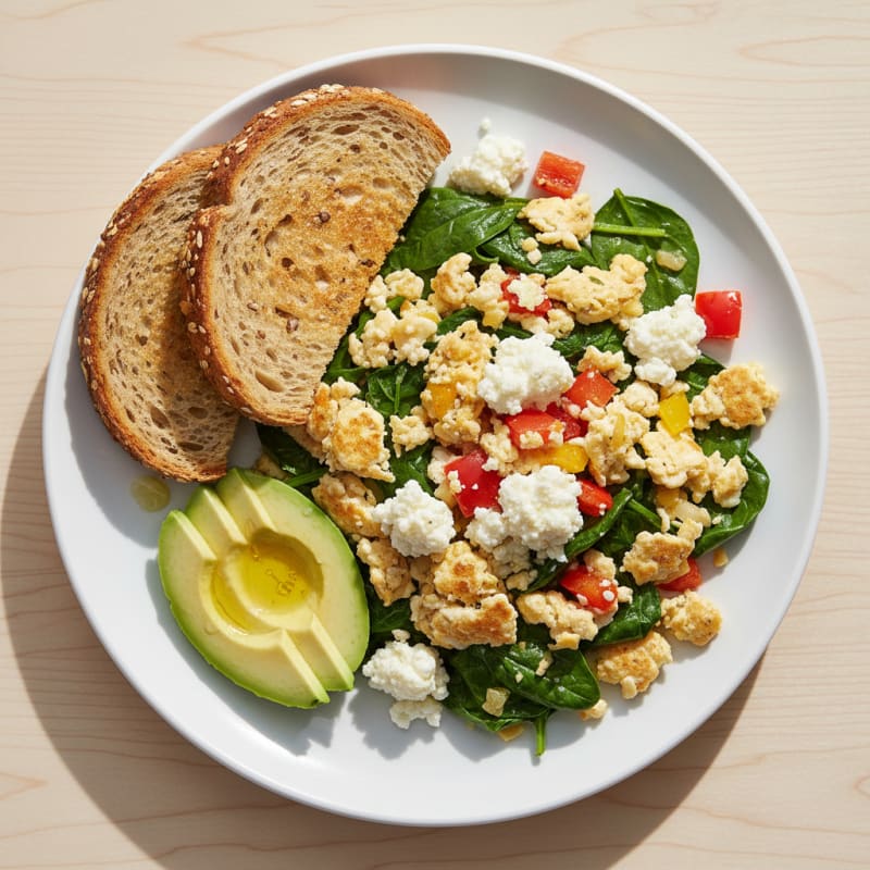 Egg White Vegetable Scramble with Cottage Cheese and Sautéed Spinach