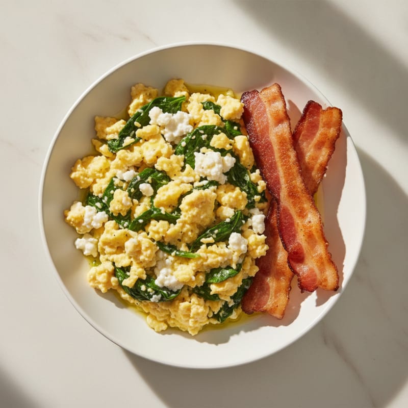 Cottage Cheese Egg Scramble with Spinach and Turkey Bacon