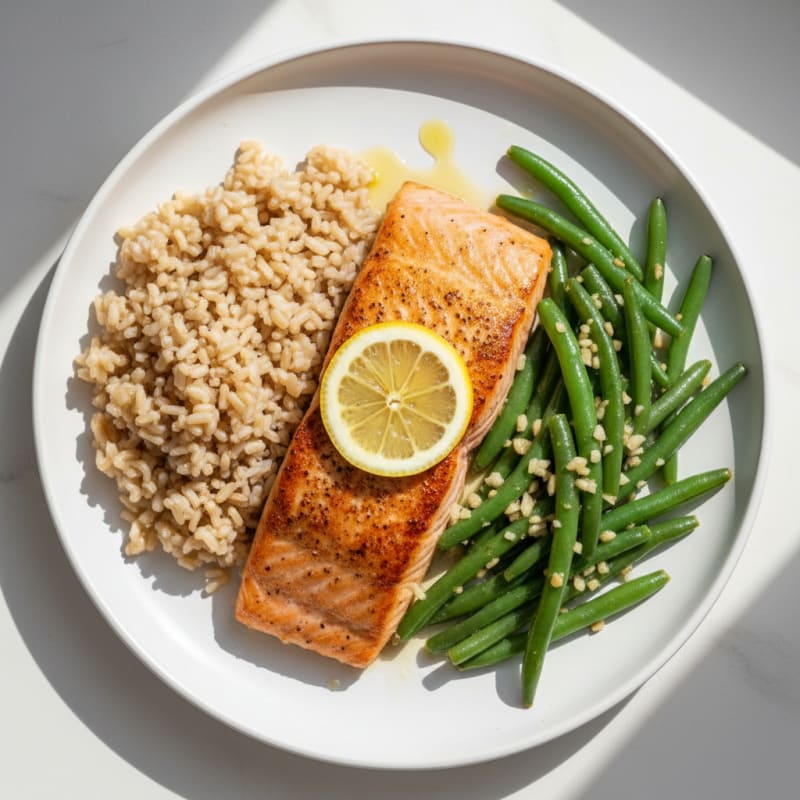 Seared Salmon with Garlic Green Beans and Brown Rice