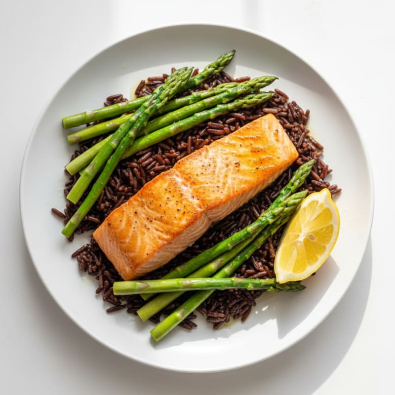 Seared Salmon with Steamed Asparagus and Wild Rice