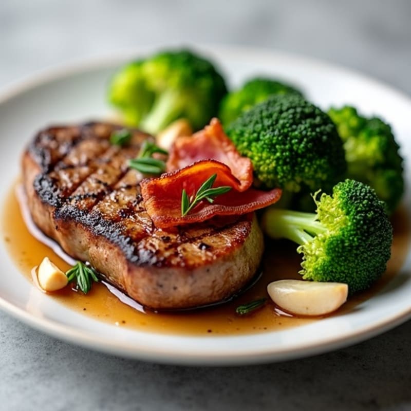 Broiled Beef Steak with Steamed Broccoli and Garlic