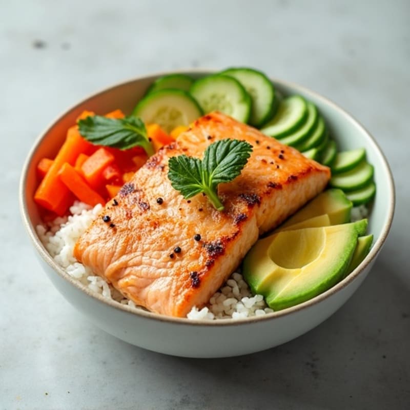 Seared Salmon Rice Bowl with Creamy Avocado and Crunchy Veggies