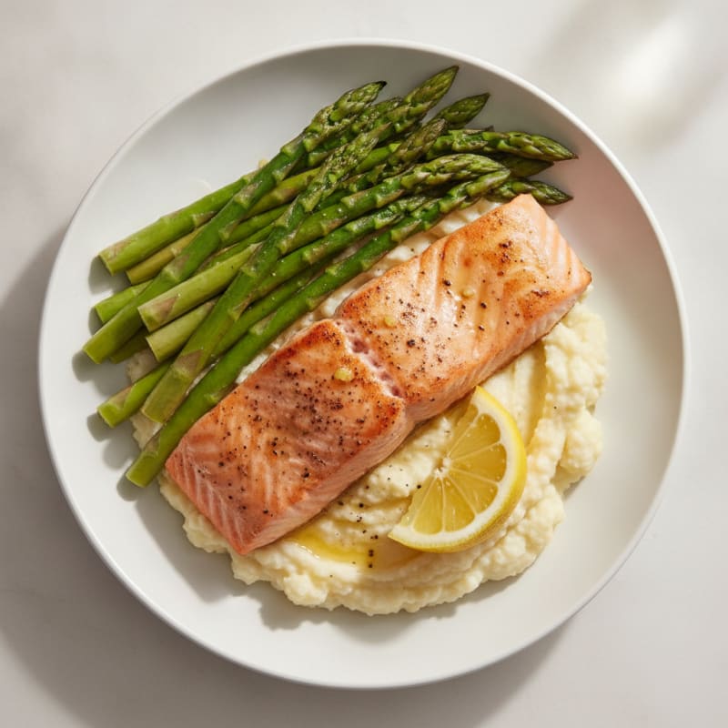 Seared Salmon with Steamed Asparagus and Cauliflower Mash