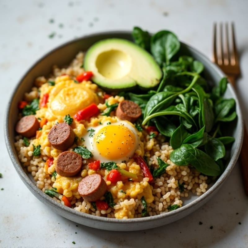 Egg White Veggie Scramble with Chicken Sausage and Sautéed Spinach, Accompanied by Brown Rice Pilaf and Avocado