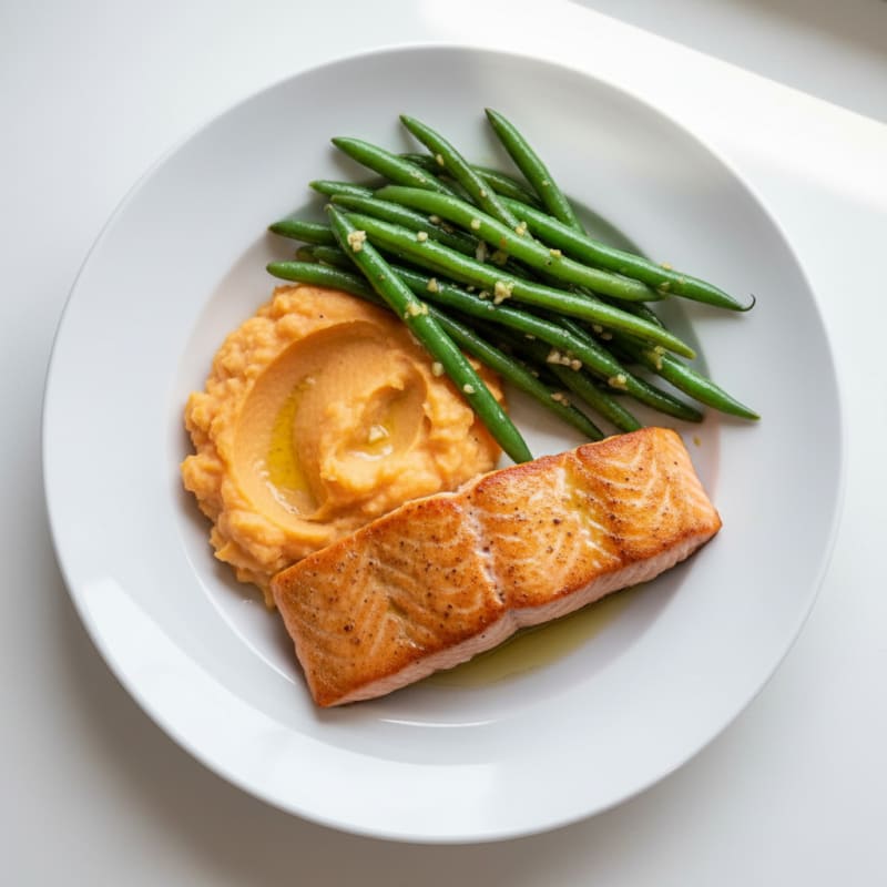 Seared Salmon with Garlic Green Beans and Sweet Potato Mash