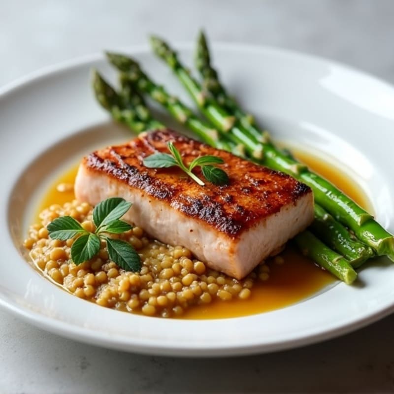 Seared Tuna Steak with Steamed Asparagus and Lentil Mash
