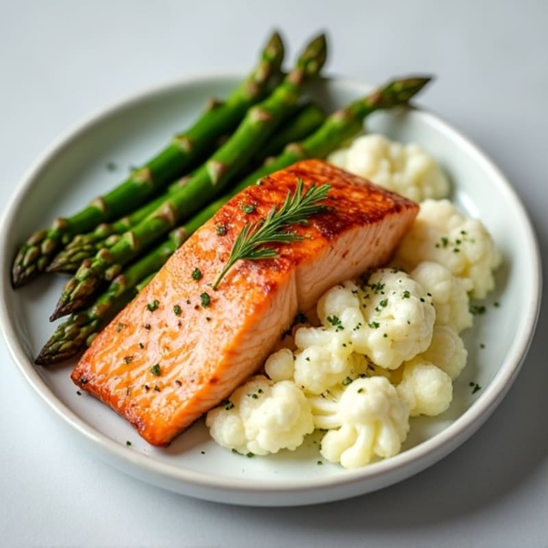 Seared Salmon with Steamed Asparagus and Garlic Cauliflower Mash