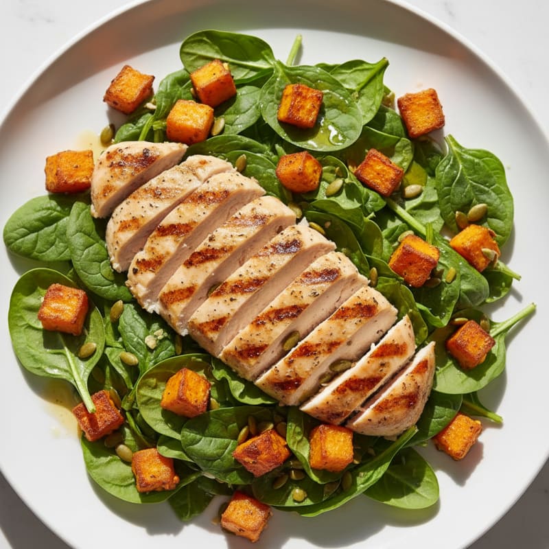 Grilled Chicken Salad with Crunchy Spinach and Sweet Potato Cubes
