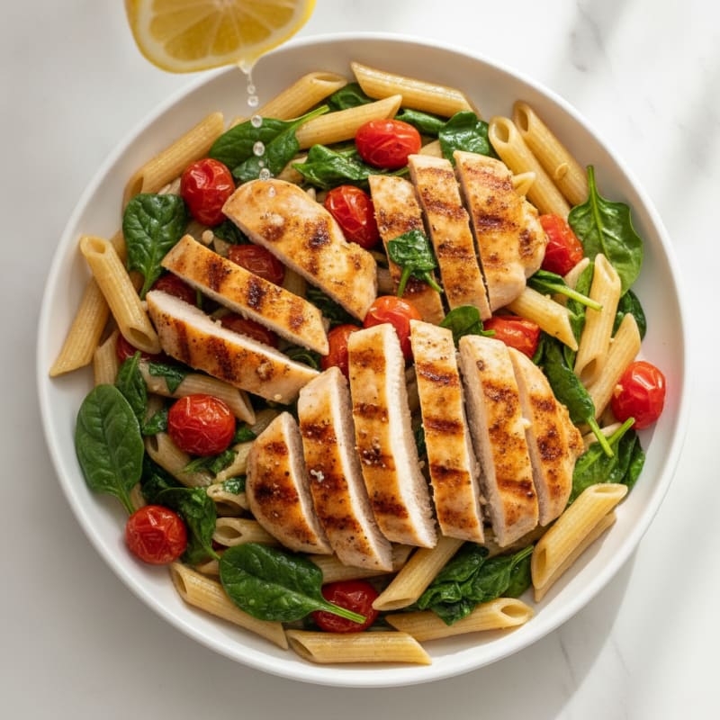 Grilled Chicken and Spinach Pasta with Roasted Cherry Tomatoes