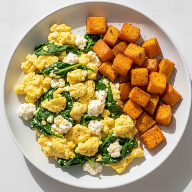 Cottage Cheese and Spinach Egg Scramble with Roasted Sweet Potatoes