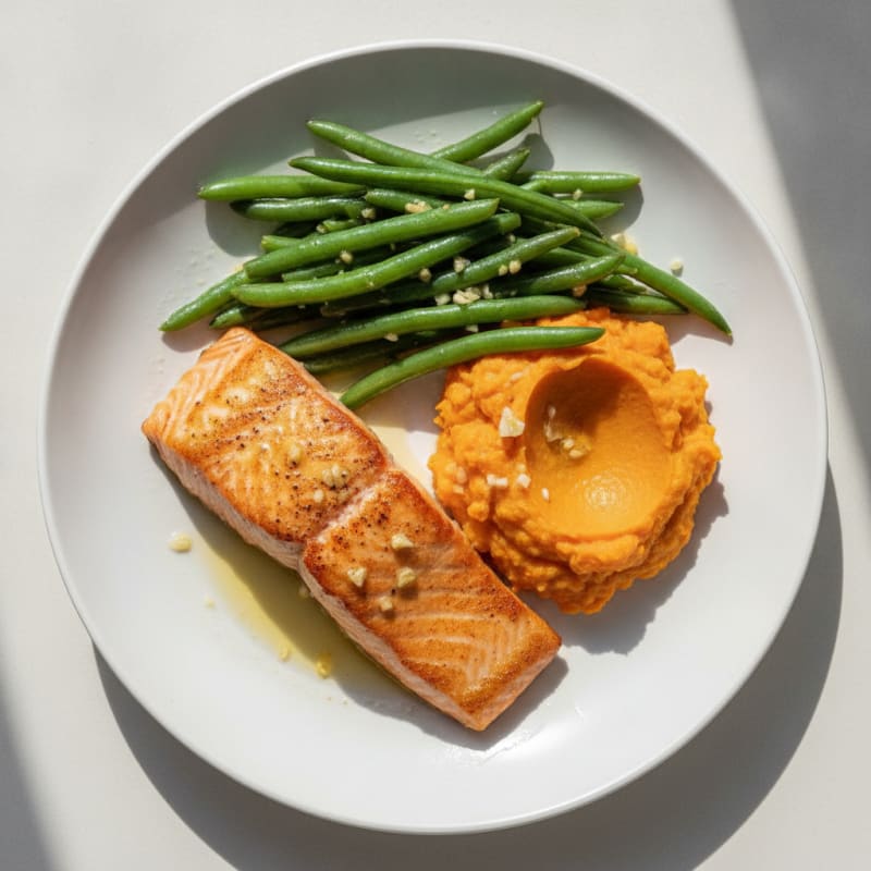 Seared Salmon with Garlic Green Beans and Mashed Sweet Potato