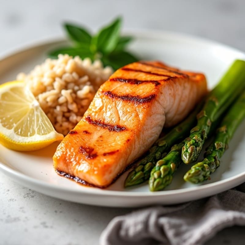 Seared Salmon Fillet with Steamed Asparagus and Brown Rice