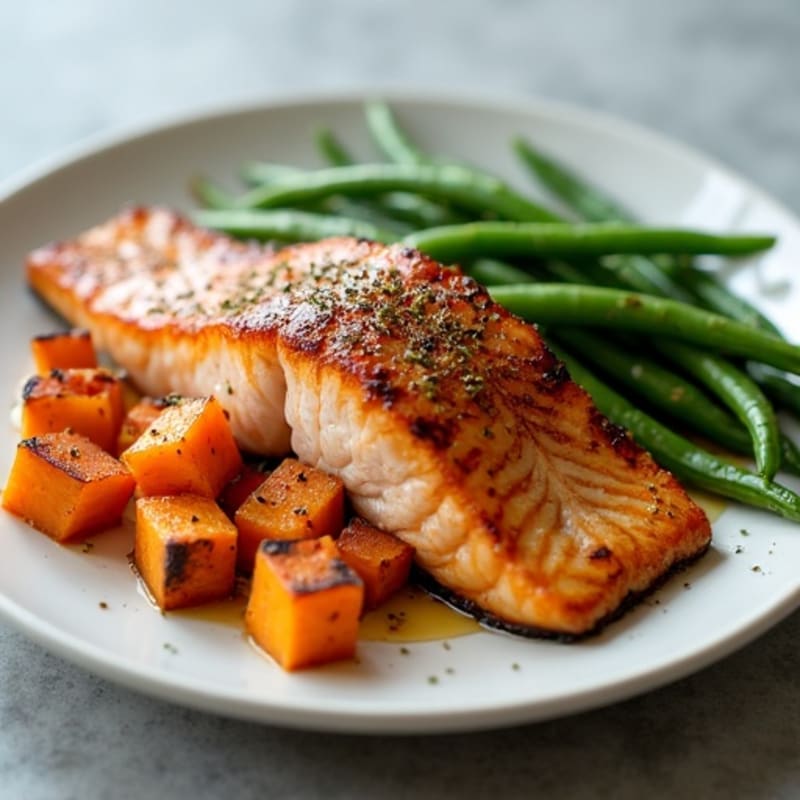 Crispy Skin Salmon with Roasted Sweet Potatoes and Green Beans