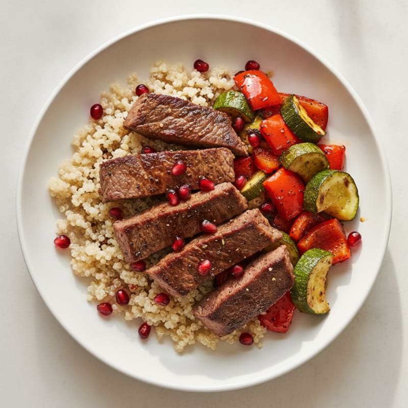Seared Beef Strips with Roasted Vegetables and Quinoa