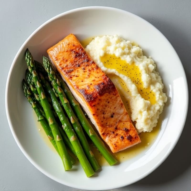 Seared Salmon with Steamed Asparagus and Cauliflower Mash