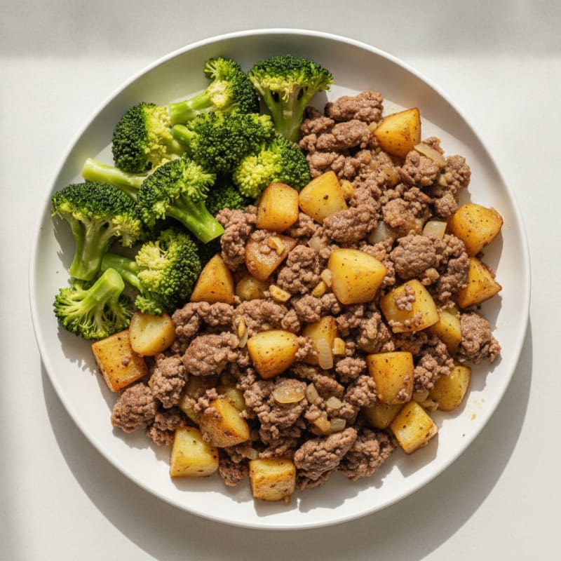 Lean Beef Mince and Potato Skillet with Steamed Broccoli