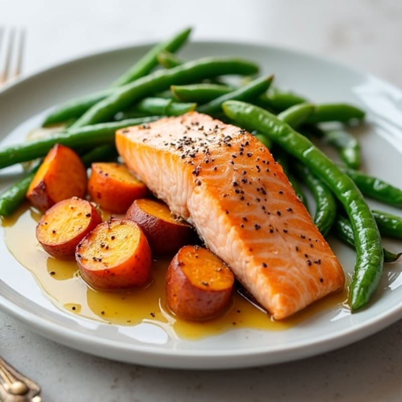 Baked Salmon with Roasted Sweet Potatoes and Green Beans