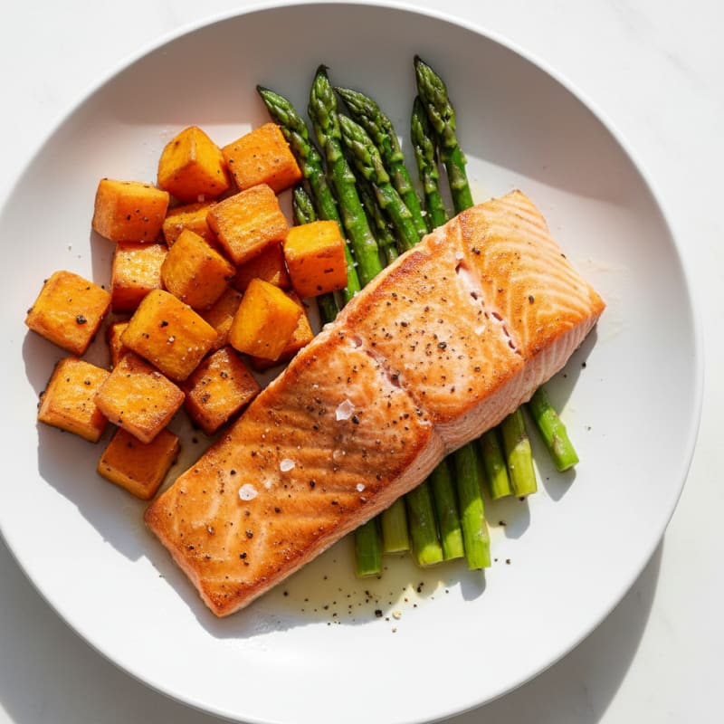 Seared Salmon Fillet with Roasted Sweet Potato and Asparagus