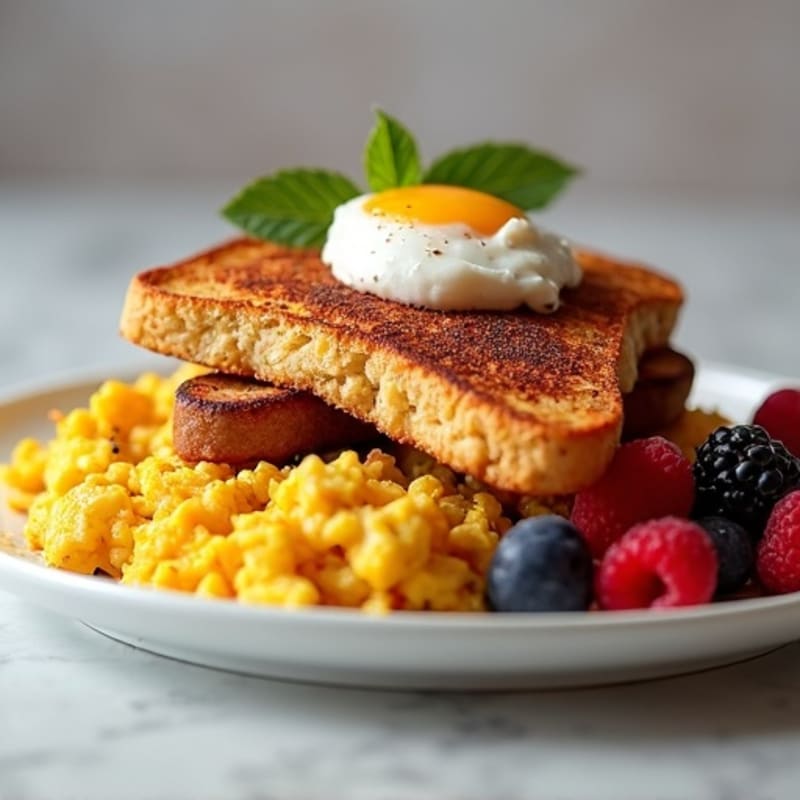 Crispy Cinnamon French Toast with Protein Scramble and Fresh Berries