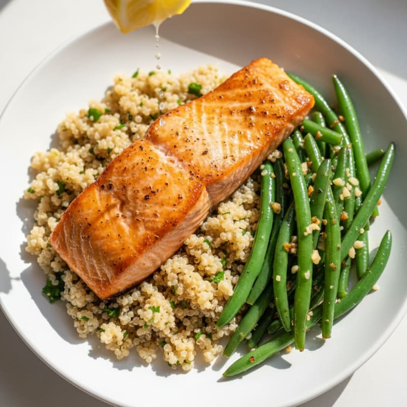Seared Salmon with Quinoa and Garlic Green Beans