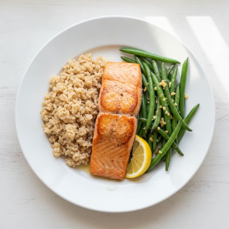 Seared Salmon Fillet with Garlic Green Beans and Brown Rice