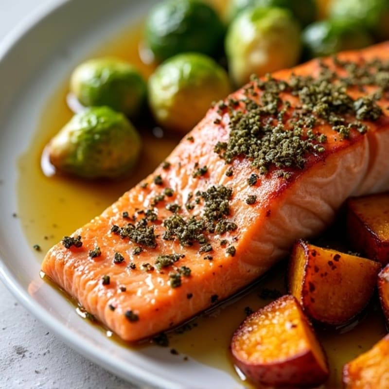 Sheet Pan Za'atar Salmon with Crispy Brussels Sprouts and Roasted Sweet Potatoes