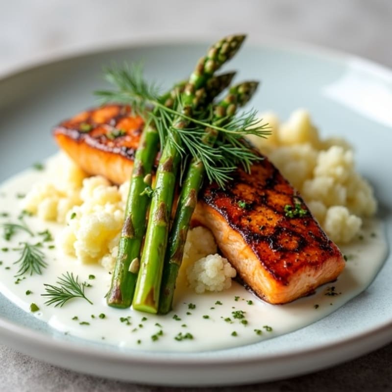 Seared Salmon with Roasted Asparagus and Cauliflower Mash