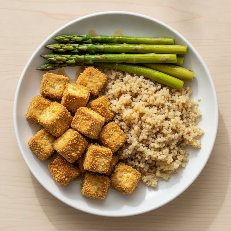 Crispy Baked Tofu with Quinoa and Steamed Asparagus