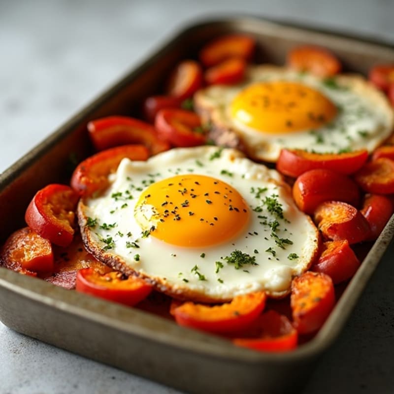 Sheet Pan Baked Eggs with Roasted Sweet Potatoes and Bell Peppers