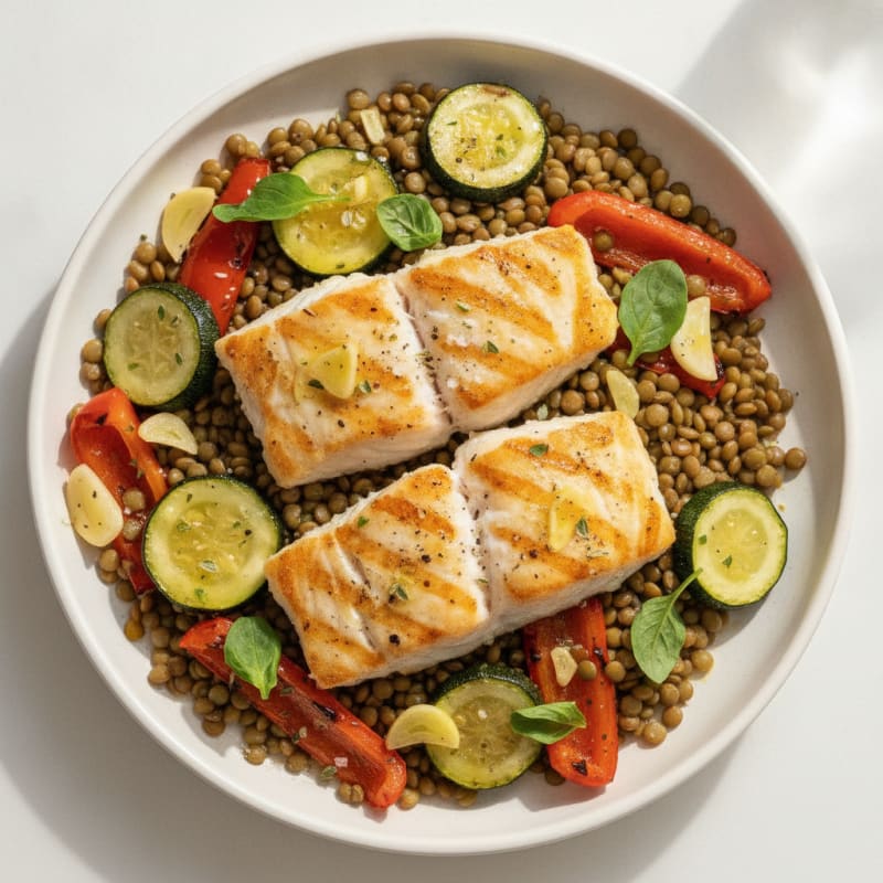 Pan-Seared Cod with Roasted Vegetables and Lentils