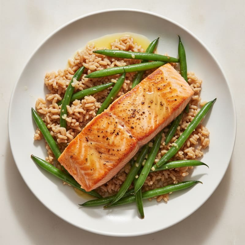 Seared Salmon with Garlic Green Beans and Brown Rice