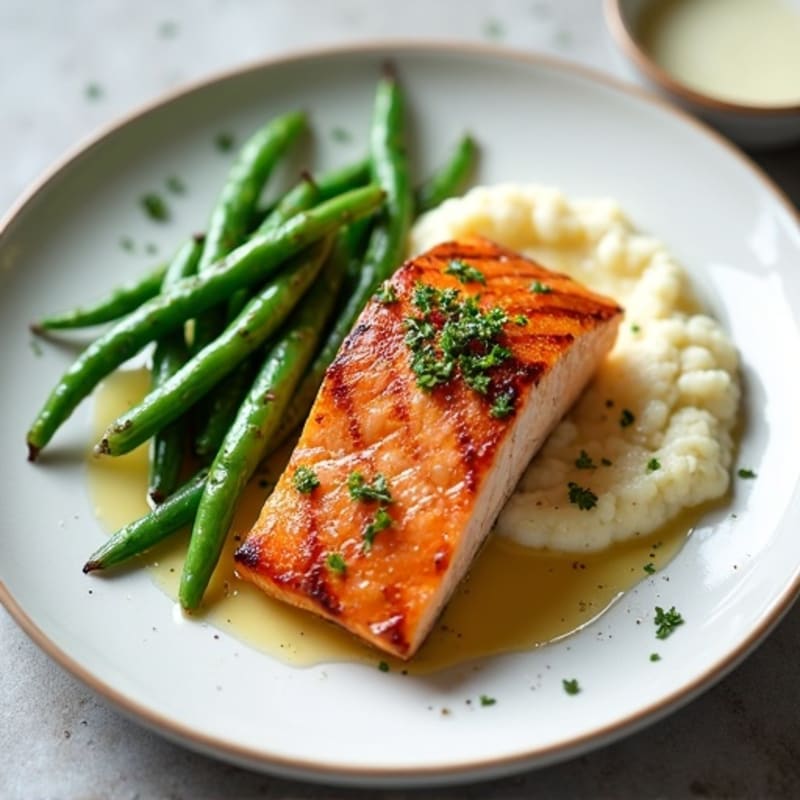 Seared Salmon with Garlic Green Beans and Cauliflower Mash