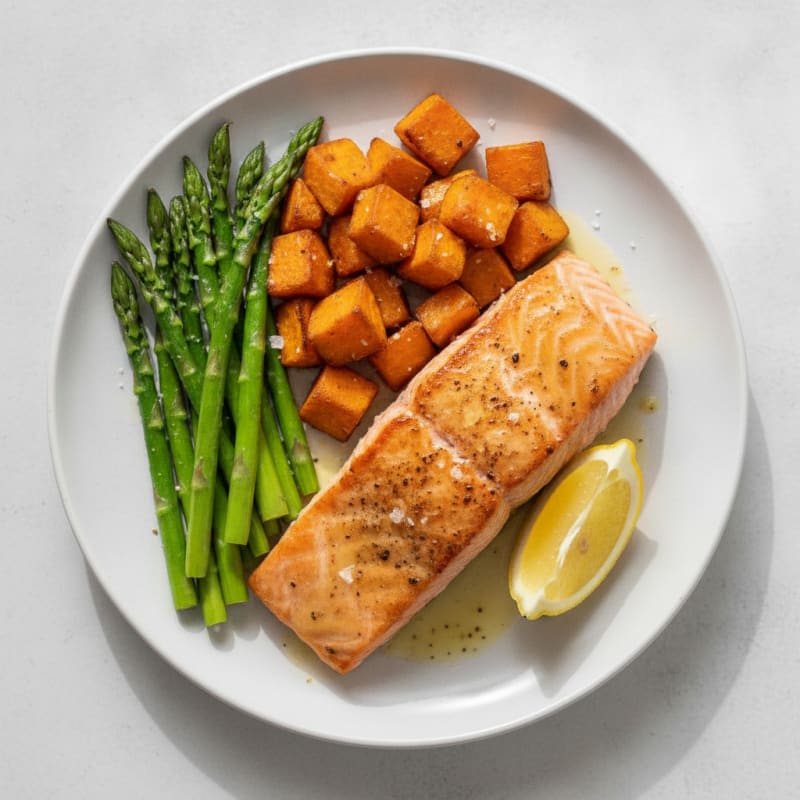 Seared Salmon with Roasted Sweet Potatoes and Asparagus