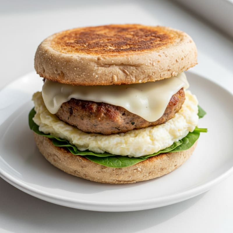 Egg White and Turkey Sausage Breakfast Sandwich with Spinach