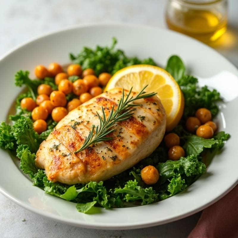 Lemon Herb Roasted Chicken with Fresh Greens and Crispy Chickpeas