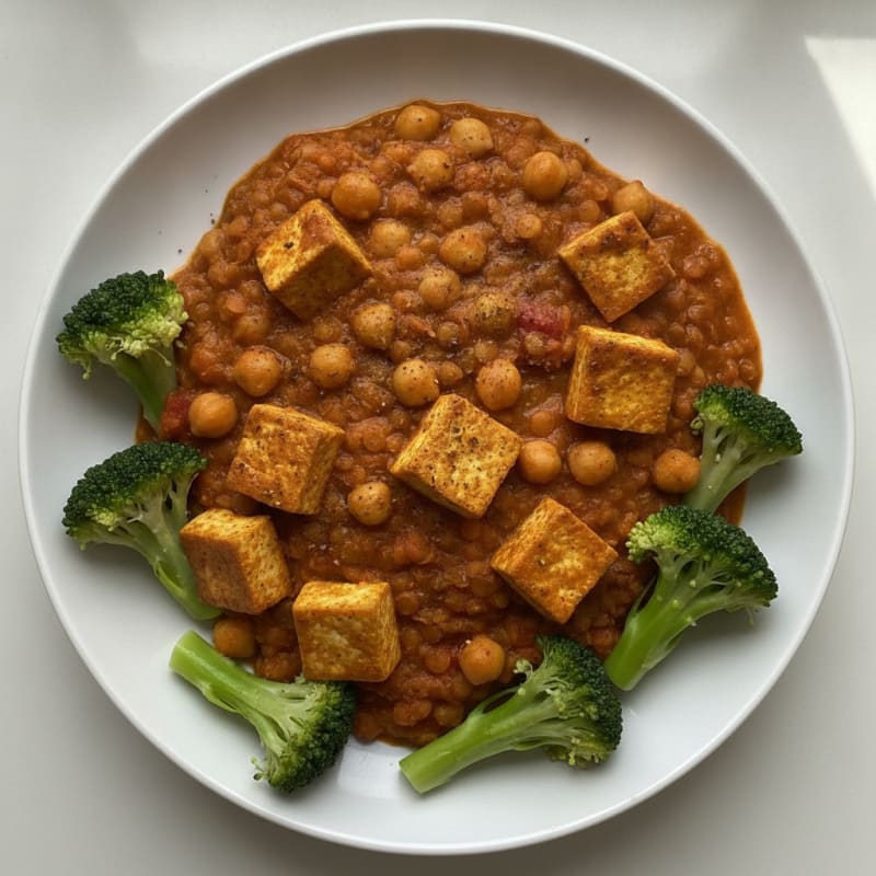 Chickpea Lentil Curry with Tofu and Steamed Broccoli