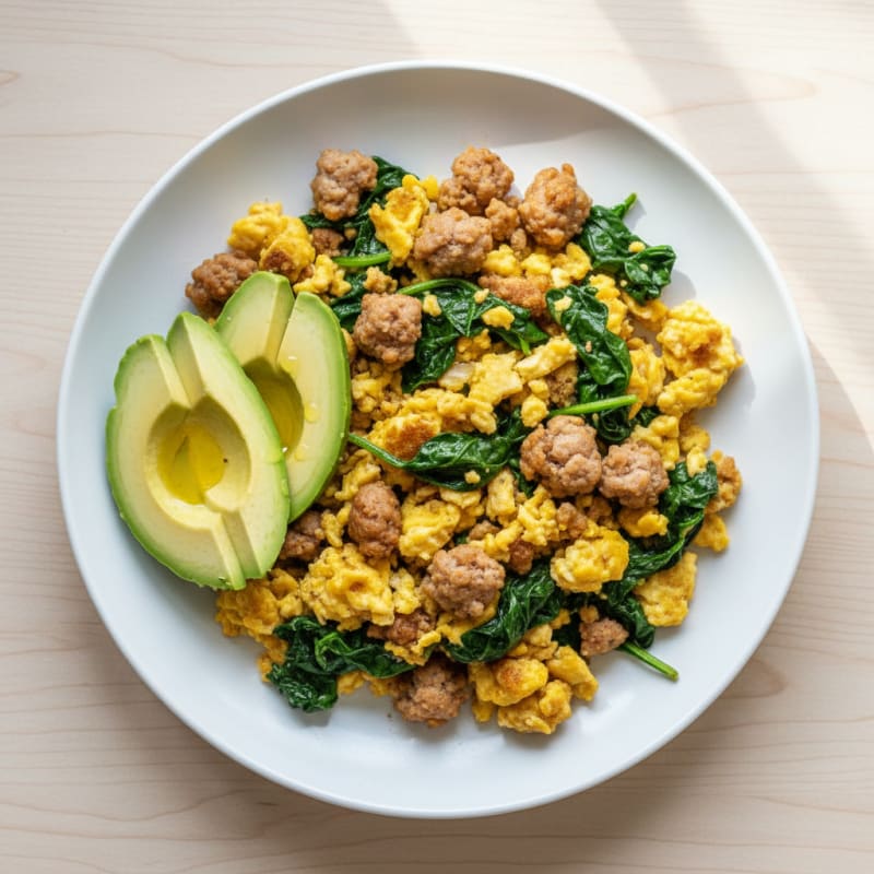 Scrambled Eggs with Turkey Sausage and Sautéed Spinach