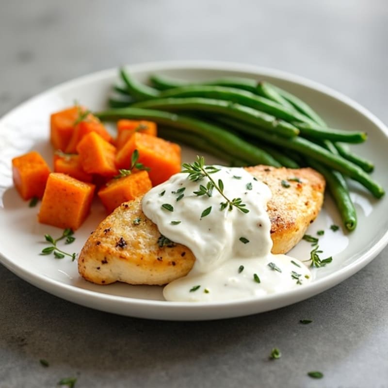 Creamy Lemon Herb Chicken with Roasted Sweet Potatoes and Green Beans
