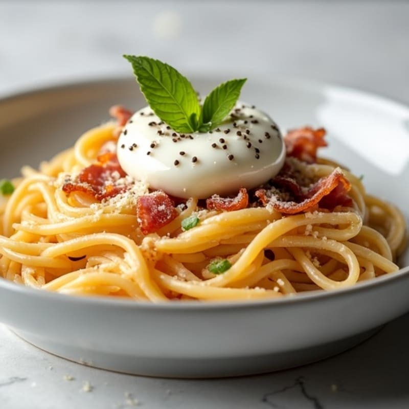 Healthy Creamy Pasta Carbonara with Crispy Turkey Bacon