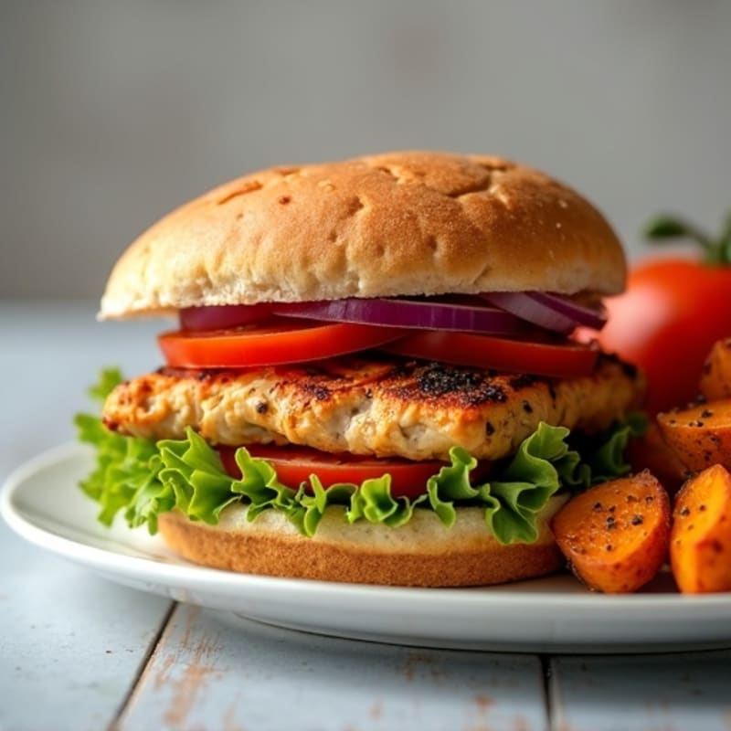 Lean Grilled Chicken Burger with Roasted Sweet Potatoes