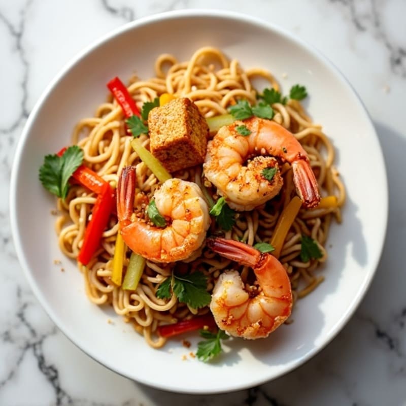 Crispy Tofu and Shrimp Rice Noodle Stir-Fry