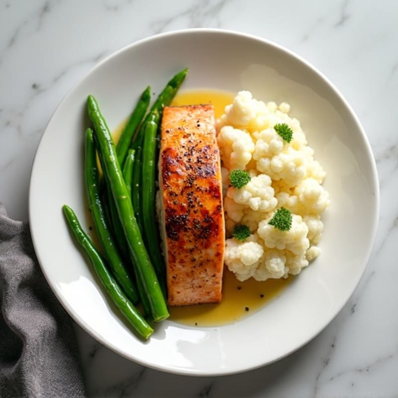 Seared Salmon with Steamed Green Beans and Garlic Mashed Cauliflower