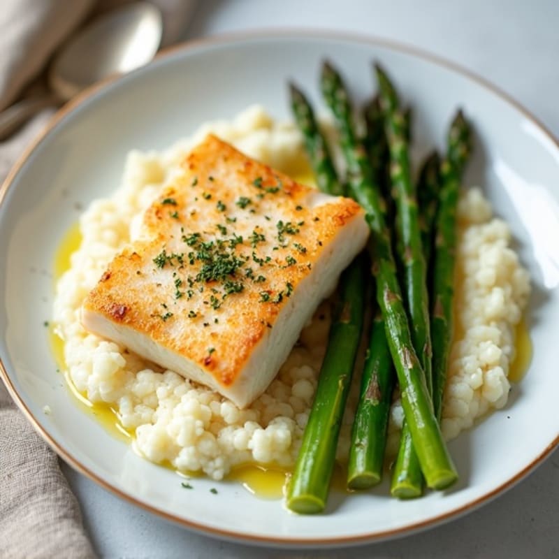 Seared Cod with Roasted Asparagus and Cauliflower Mash