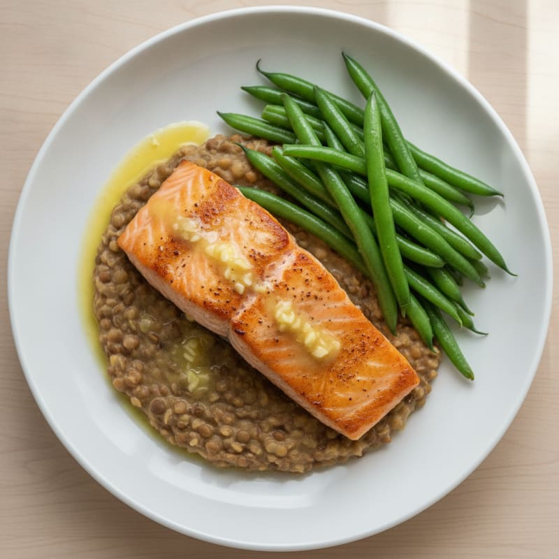 Seared Salmon with Steamed Green Beans and Lentil Mash