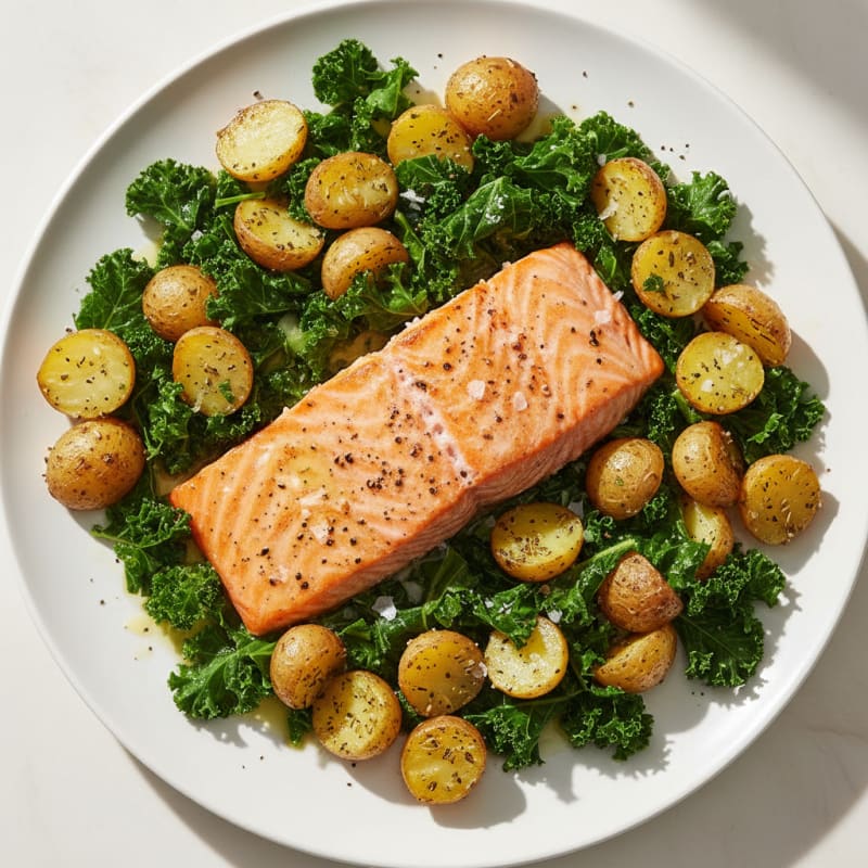 Sheet Pan Lemon Herb Salmon with Roasted Potatoes and Kale