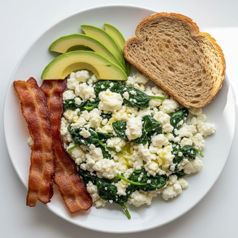 Cottage Cheese Egg White Scramble with Spinach and Turkey Bacon