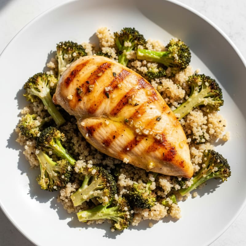Grilled Lemon-Garlic Chicken Breast with Quinoa and Roasted Broccoli